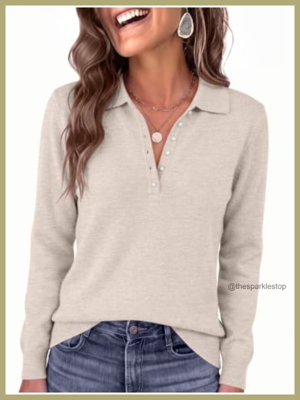 Long Sleeve Polo Sweater Pearl Button Lightweight Knit Pullover
